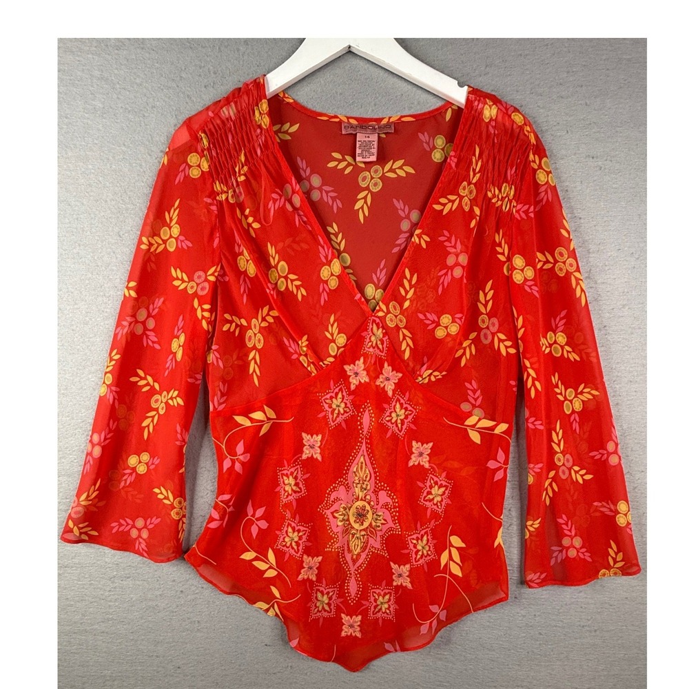 Bandolino Blouse Womens 14 L Red Beaded Bell Sleeve Y2K Boho Fairy V-Neck FLAW